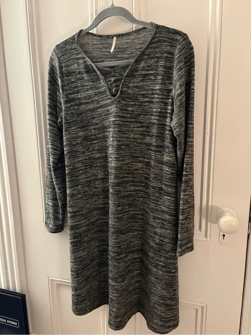 Women’s Grey Knit Long-Sleeve Dress with V-Neck